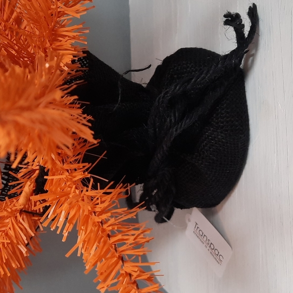 Lg Halloween Orange Feather Style Tree Decor Decoration Black Burlap Base 29" H - Picture 3 of 4